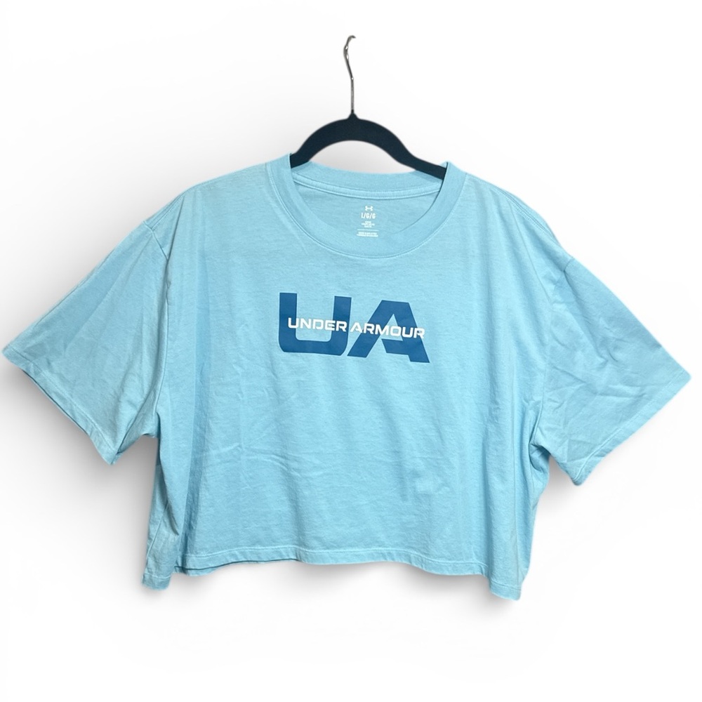 Under Armour UA Logo Cropped Tee Light Blue Loose Fit Athleisure Top L